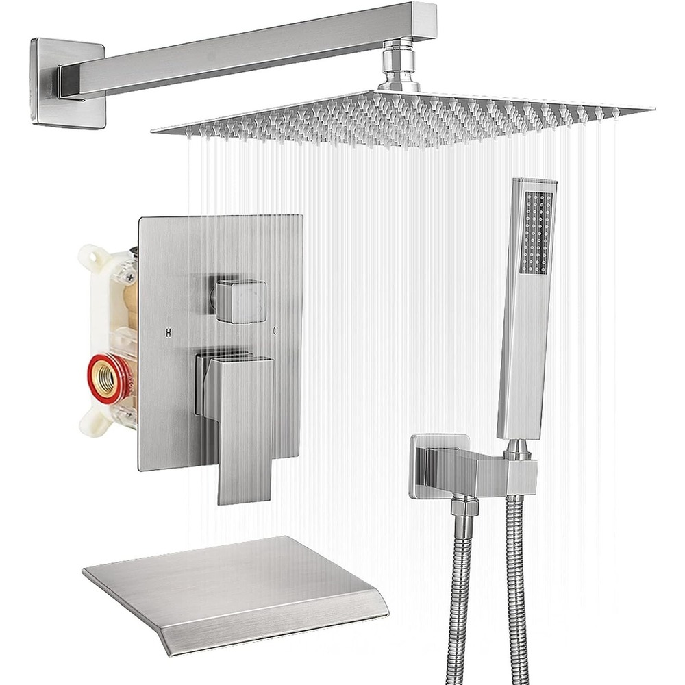 BWE Shower System Waterfall Tub Spout Shower Faucet Set 10 Inch Square Rain